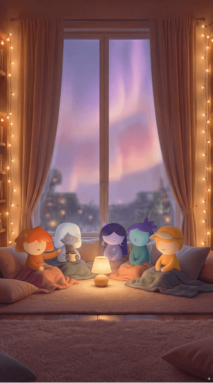 Bestie AI, five companion characters gathered around a warm lamp