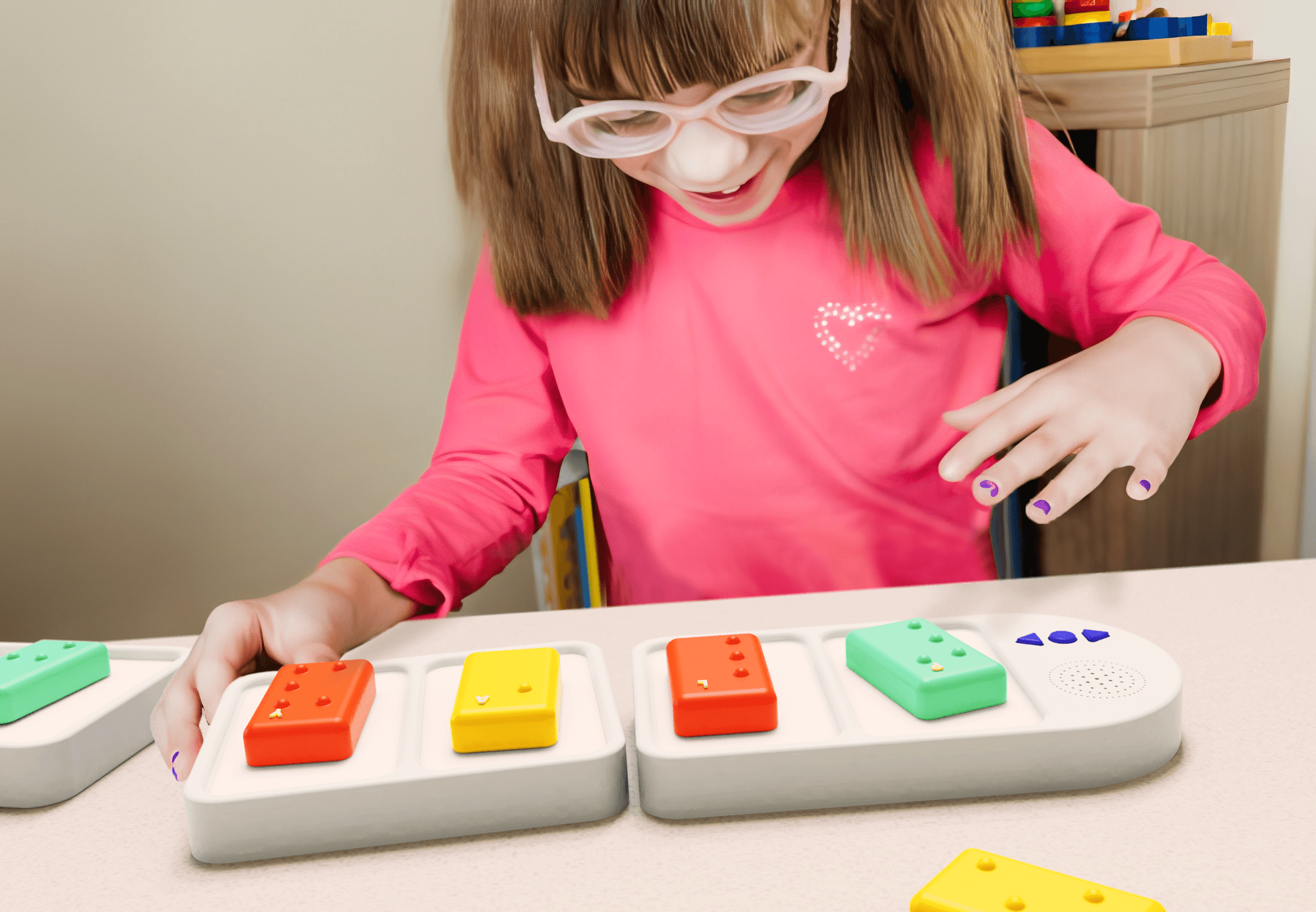 Concept render of the production design, color-coded blocks on two connected boards